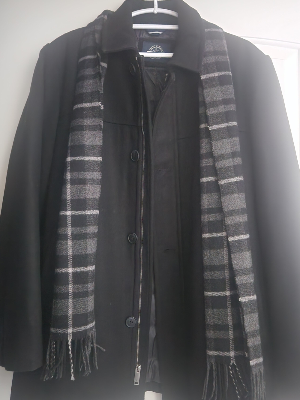 Dockers Black Pea Coat with Gray Plaid Scarf